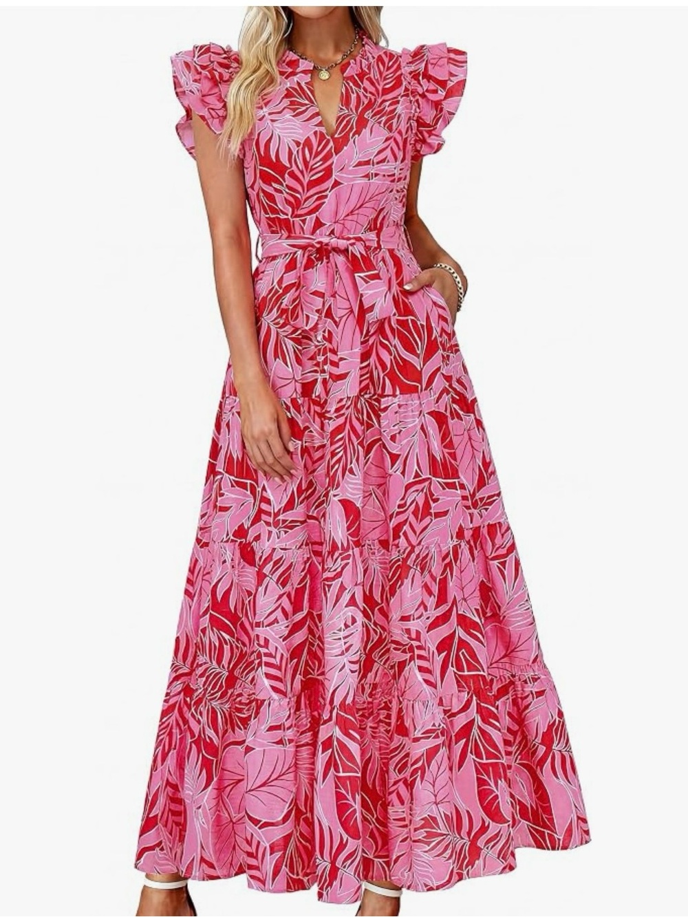 Women Summer Casual Ruffle Cap Sleeve Floral Belted Boho Maxi Dress S